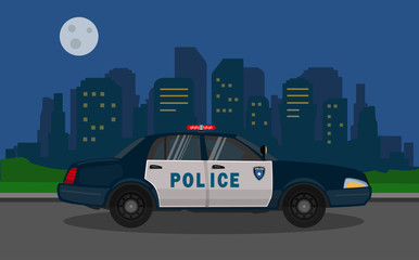 Police car  in the night city background. Vector Illustration.