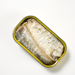can of sprats on white background