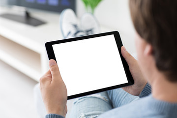 man holding computer tablet with isolated screen in the room