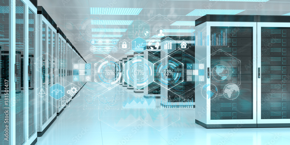 Poster Graph holograms flying over server room data center 3D rendering