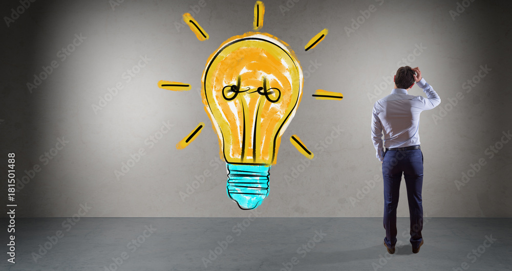 Poster businessman watching lightbulb sketch on a wall 3d rendering