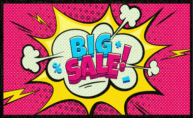 Big Sale in pop art cloud bubble. Funny speech bubble. Trendy Colorful retro and vintage background in retro comic style. Social media bubble. Easy editable for Your design.