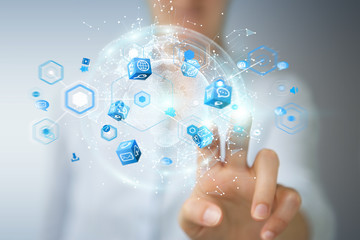 Businesswoman using flying earth network interface 3D rendering