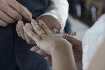 Groom wears the ring on the finger of the bride