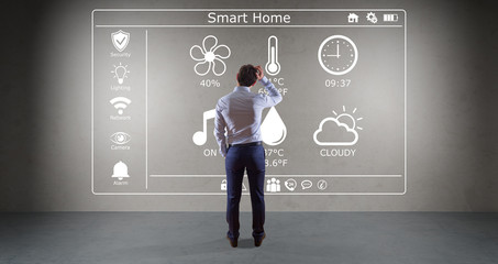 Businessman using smarthome interface on a wall 3D rendering