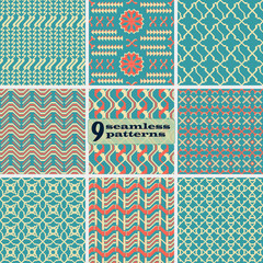 Set of seamless abstract geometric patterns in retro colors