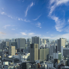 Aerial skyscraper view of office building and downtown and cityscapes of Tokyo city with blue sly and clouds background. Japan, Asia