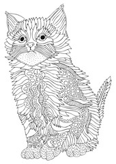 Cute kitty. Hand drawn picture. Sketch for anti-stress adult coloring book in zen-tangle style. Vector illustration  for coloring page.
