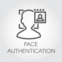 Face authentication outline icon. Facial biometric identity. Silhouette of male head in recognition camera. Technology of human verification in modern devices. Security innovation system. Vector