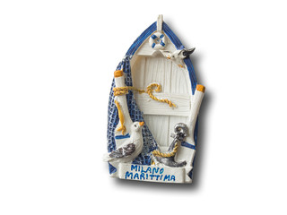 Milano Marittima (Italy) souvenir refrigerator magnet isolated on white. Refrigerator magnets are popular souvenir and collectible objects. 