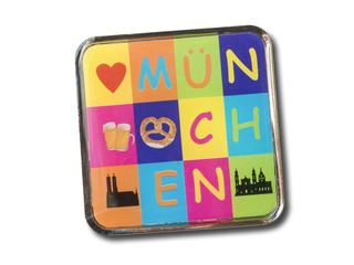 Munich souvenir refrigerator magnet isolated on white. Refrigerator magnets are popular souvenir and collectible objects. 