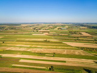 Fototapeta premium Krajobraz wiejski jesienią, pola uprawne widziane z lotu ptaka. Pola rozciągające się po horyzont.