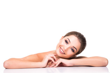 Naklejka premium Beauty Woman face Portrait. Beautiful model Girl with Perfect Fresh Clean Skin color lips purple red. Youth and Skin Care Concept isolated on a white background