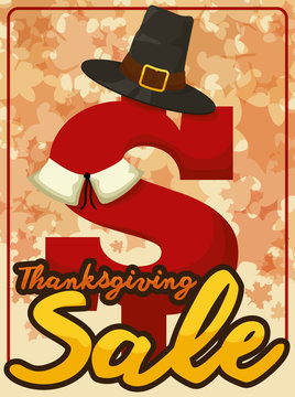 Money Symbol Disguised like Pilgrim for Thanksgiving Sales, Vector Illustration