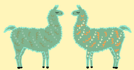 A pair of cute Designer Llama, alpaca of sea-green color, with fur, hearts and eyes closed