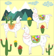 Three Llama, alpaca of white color, with bright saddles on the background of mountains, cacti, clouds