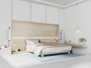 Modern white bedroom bright interior with wooden wall . 3D rendering