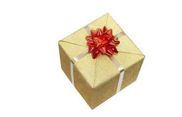 Yellow gift box with reก ribbon isolated on white background