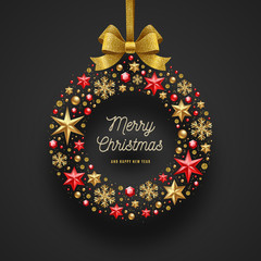 Christmas greeting illustration. Frame in the form of Christmas wreath made from stars, ruby gems golden snowflakes, beads and glitter gold bow ribbon. © sergo77
