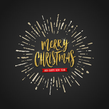 Vector Christmas greeting design - Glitter gold brush calligraphy and sunburst rays on black background.