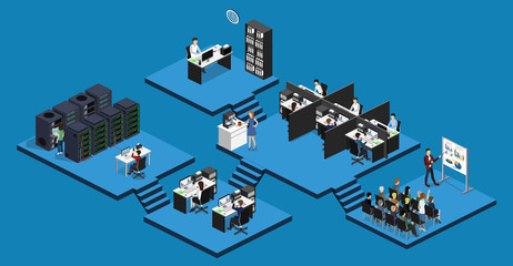 Isometric vector illustration flat 3d office interior departments concept vector.