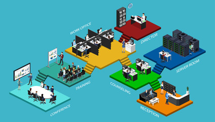 Isometric vector illustration flat 3d office interior departments concept vector.