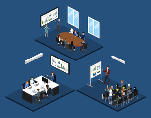 Isometric 3D illustration set Interior of department conference with workplaces