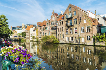 Fototapeta na wymiar Flower pot along the river in Ghent, Belgium
