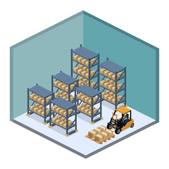 Isometric 3D vector illustration warehouse with a forklift, goods and people.