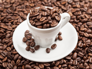 Cup in roasted coffee beans