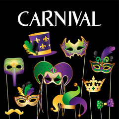 Fototapeta premium Banner Template with Golden Carnival Masks on Black Background. Glittering Celebration Festive Border. Vector Illustration.