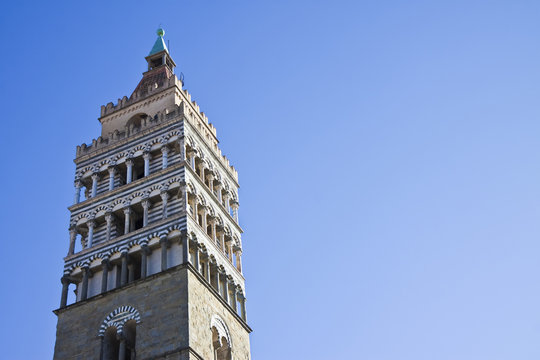 Detail of the bell tower of Saint Zeno cathedral church in Pistoia city -  (Tuscany - Italy) - Image with copy space