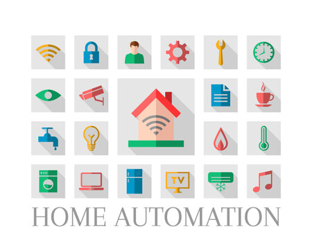 Home automation concept. House and building with wi-fi signal and related icon set in flat design