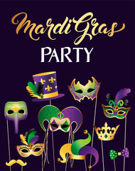 Fototapeta premium Banner Template with Golden Carnival Masks on Black Background. Glittering Celebration Festive Border. Vector Illustration.