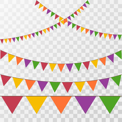 Vector set of decorative party pennants with different sizes and lengths. Celebrate flags. Rainbow garland. Birthday decoration. Hanging colored flags.