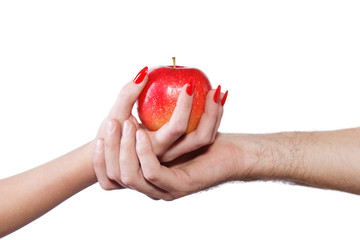 Young couple hands holding apple isolated