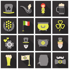 Set of Irish symbols St. Patrick day icons with shadow. Flet icons © gorovits