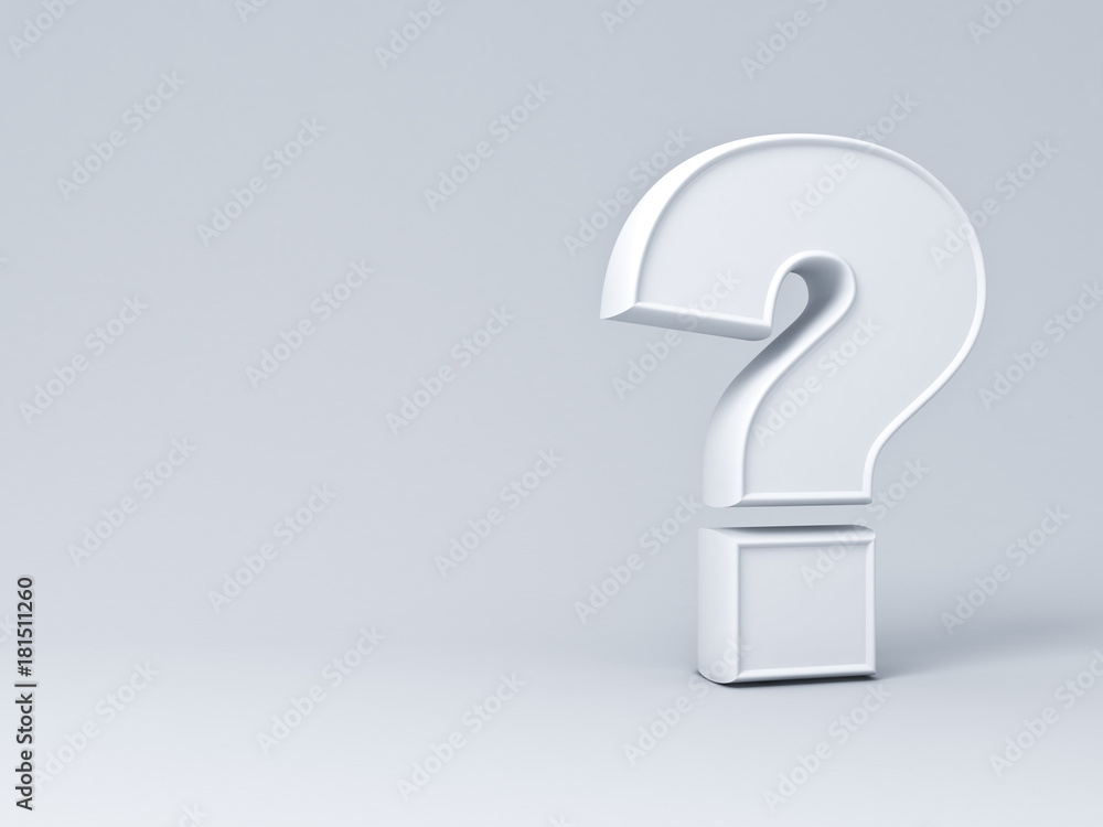 Poster white question mark on grey background with shadow and blank space . 3d rendering.