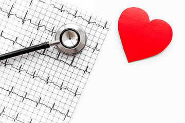 Examine the heart to prevent heart disease. Heart sign, cardiogram, stethoscope on white background top view