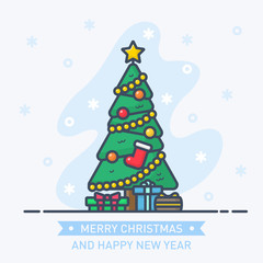 Abstract little cute Christmas tree with toys, garlands and gift boxes.