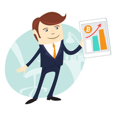 Funny businessman holding tablet with growing graphic Bitcoin bit coin