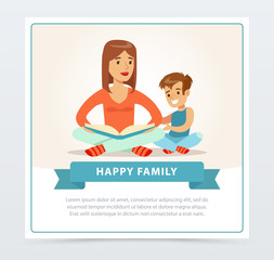 Obraz na płótnie Canvas Mother reading a book to her smiling son, happy family banner flat vector element for website or mobile app