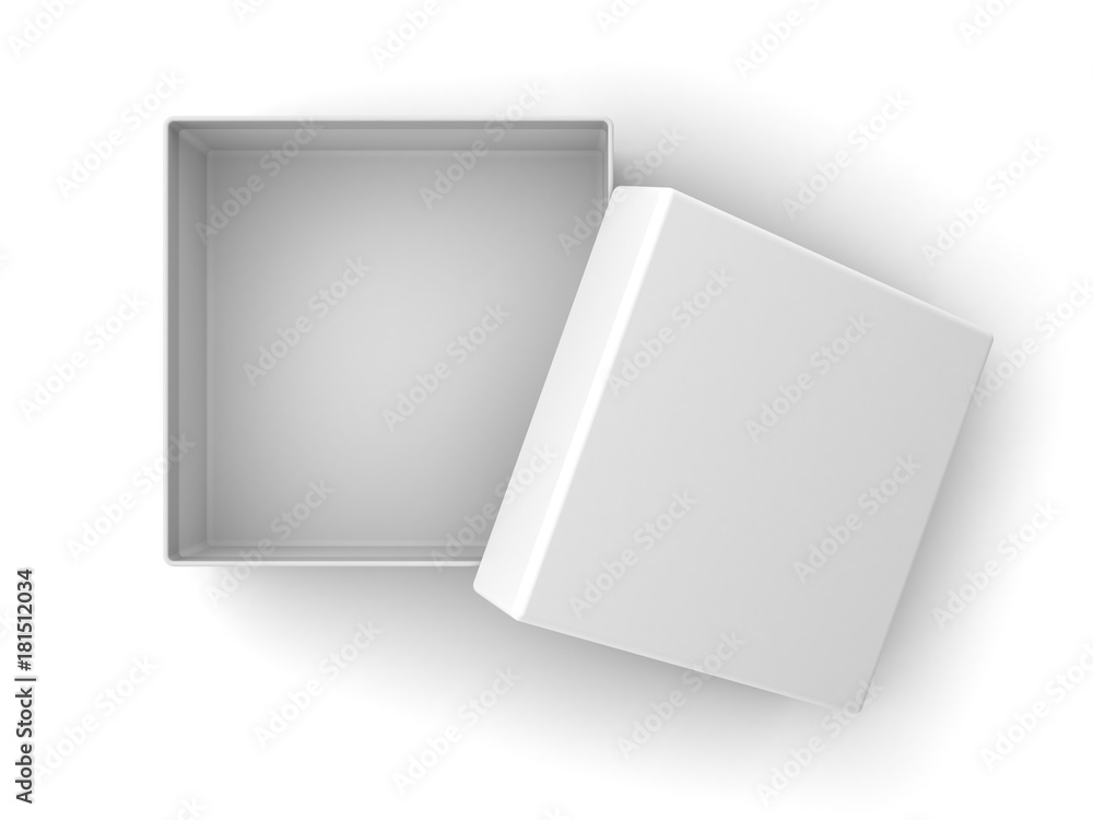 Poster Blank Cardboard box open with cover lid isolated on white background with shadow . 3D rendering.