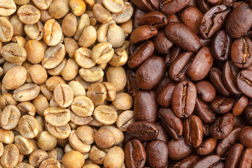 Green and roasted coffee beans