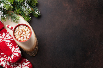 Christmas background with fir tree and hot chocolate