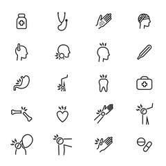 Body Pain and Injury Black Thin Line Icon Set. Vector