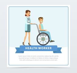 Female doctor pushing disabled man sitting on wheelchair, health worker banner flat vector element for website or mobile app