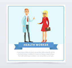 Male doctor giving recommendations to female patient, health worker banner flat vector element for website or mobile app