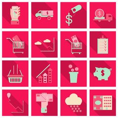 Set of business simple icons. Economic concept in flat style with long shadow