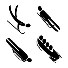 Silhouette athlete driving bobsled, bobsleigh, skeleton, luge isolated vector illustration